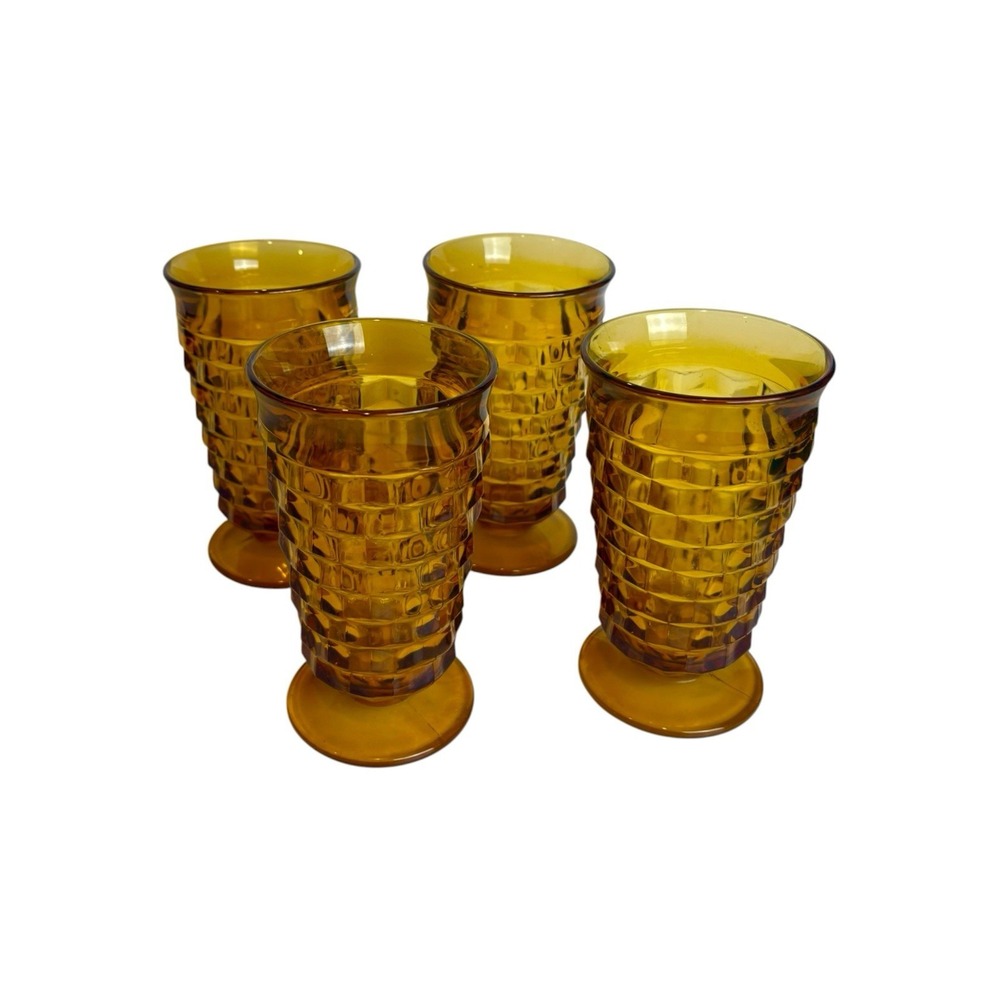 Vtg MCM Indiana Glass 1960s Whitehall Cubist Amber Ice Tea Goblets 6" Set of 4